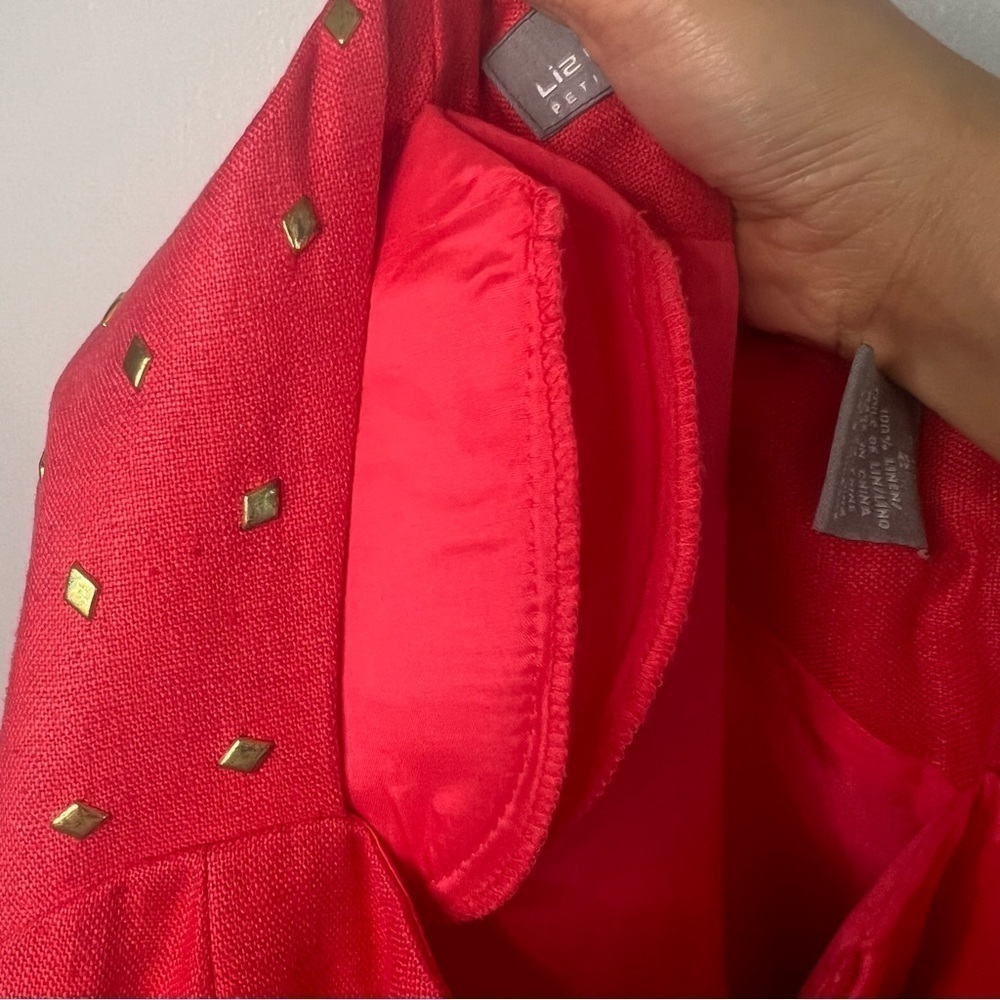 NEW Liz Claiborne 100% Linen Shift Dress Gold Studs Square Neck Petite Sz 2 Red - Picture 14 of 15